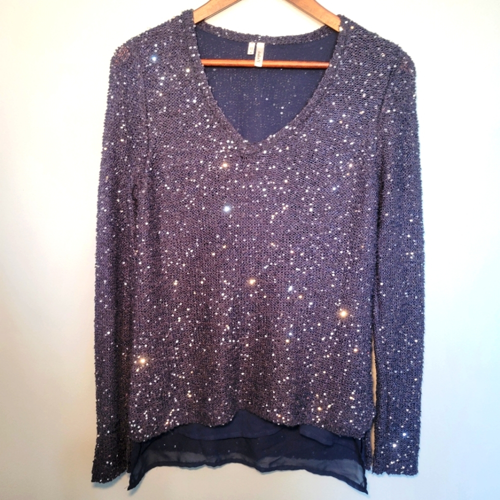 Studio Y Womens Blue V-Neck Sparkly Sequin Sweater Size M Holiday,Evening,Party